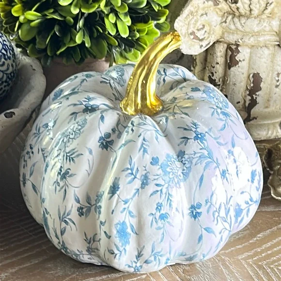 NEW! Boho Chic Farmhouse Blue & White Roses Floral Fall Autumn Harvest Pumpkin - Picture 5 of 7